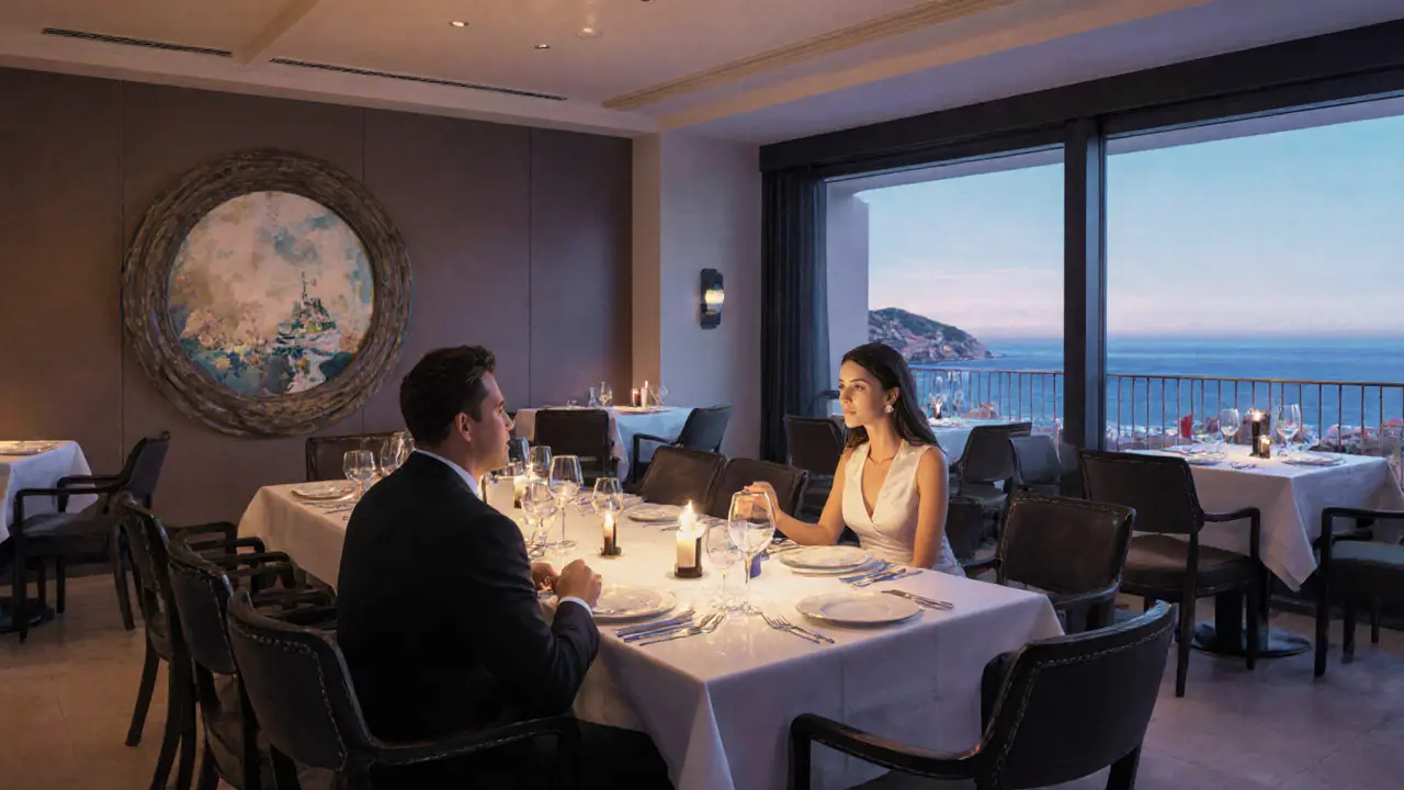 A couple shares a quiet dinner at a refined Monaco restaurant with sea views.