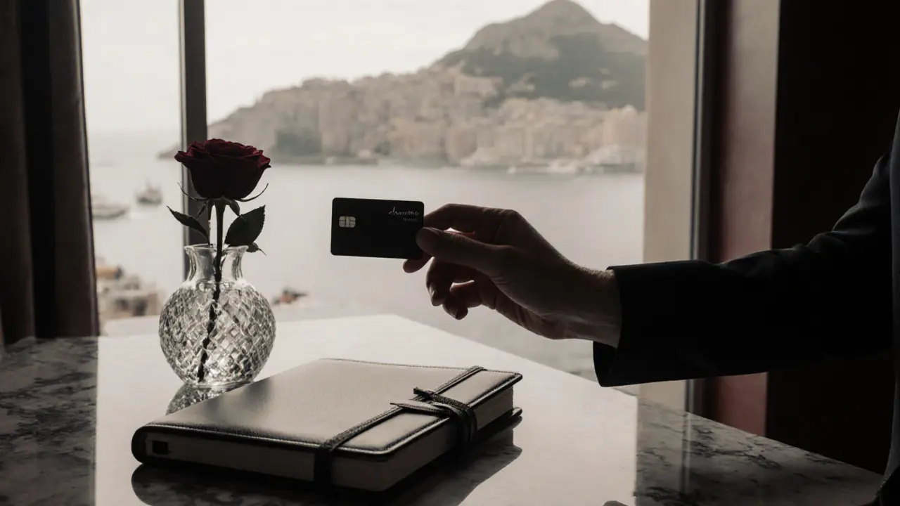A luxury hotel suite with a rose and keycard, hinting at a discreet encounter