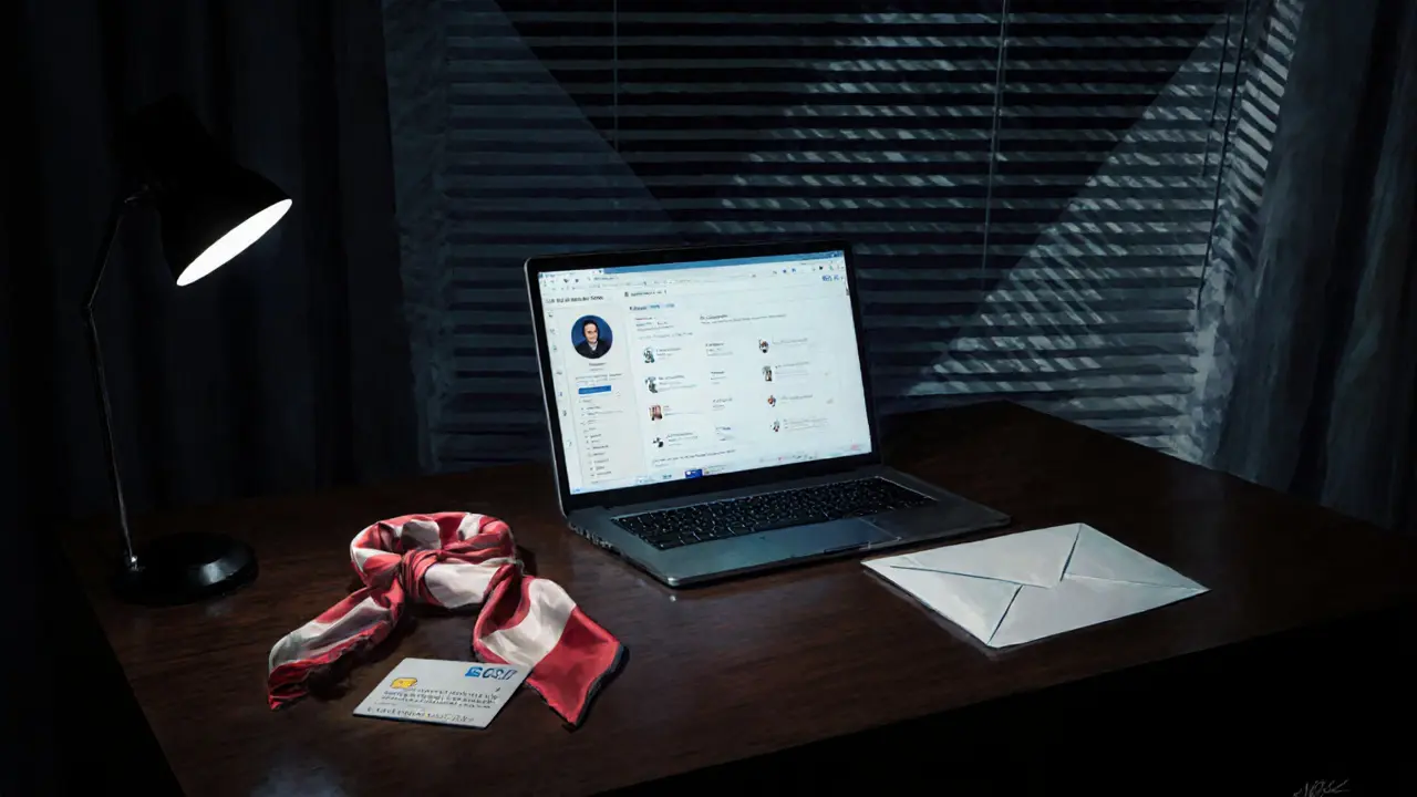 A professional escort agency office at night with a glowing laptop and keycard on a desk.