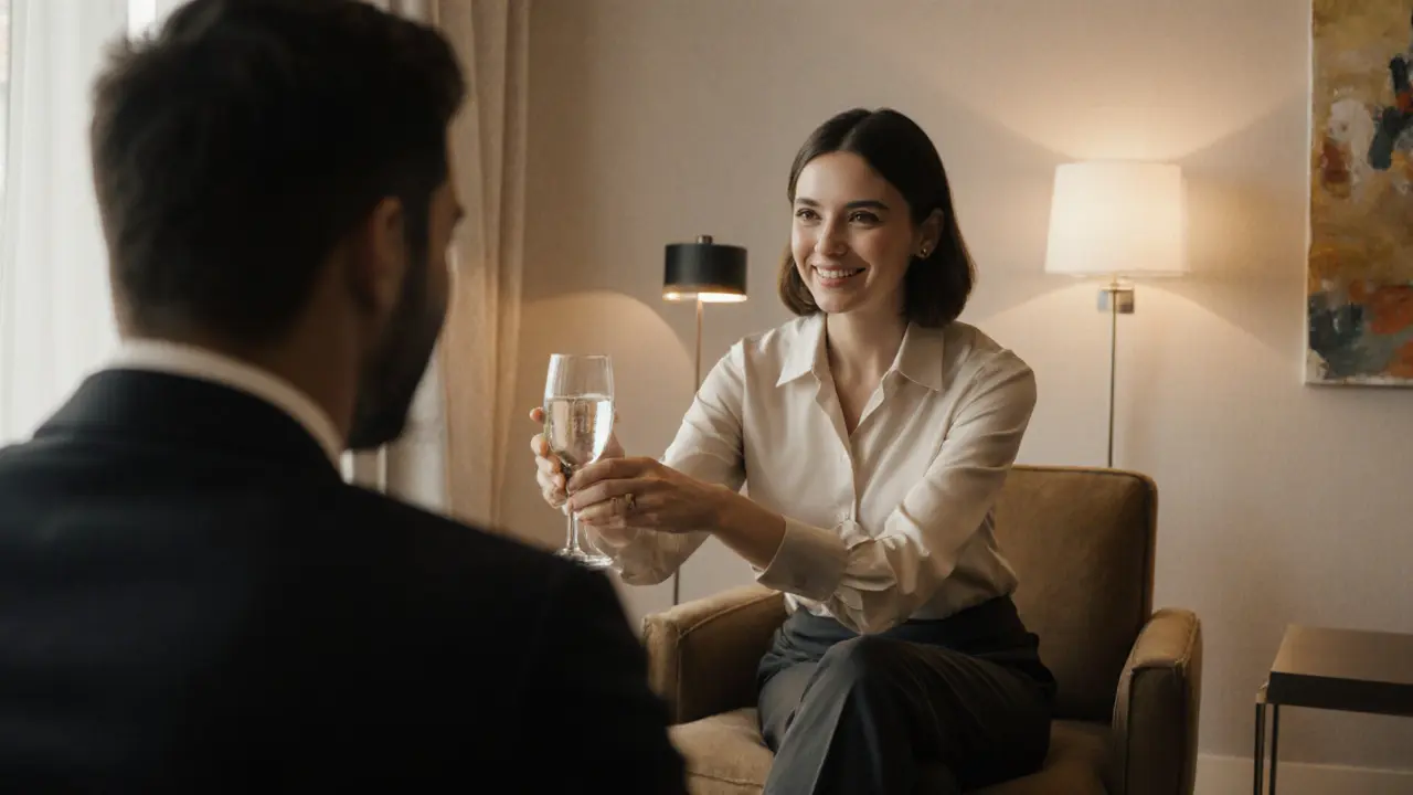 A quiet moment between two people in a luxury lounge, no faces shown