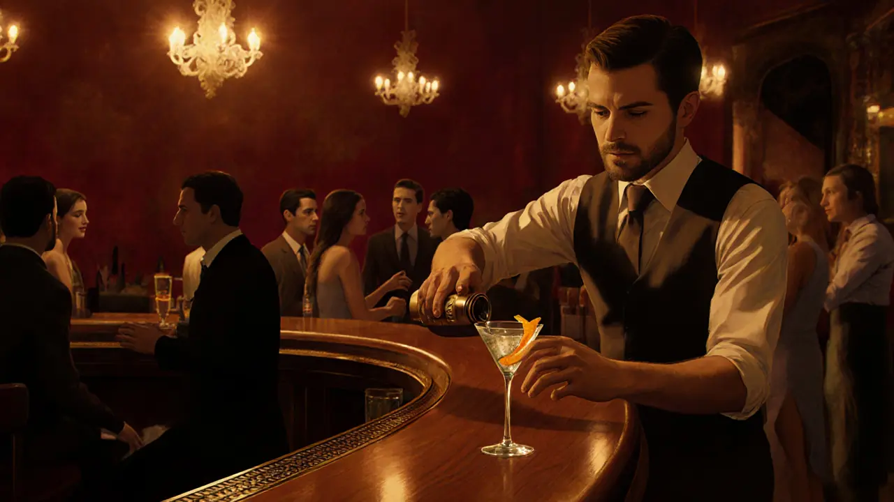 Bar Américain with bartender pouring a cocktail, pianist playing, smart‑casual guests.