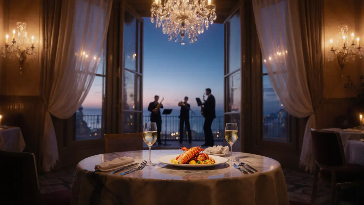 Candlelit restaurant table by the sea with lobster dish and wine glasses.