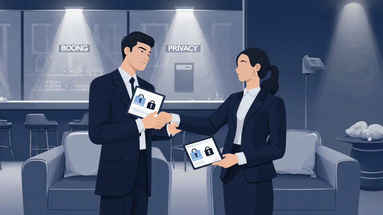 Client and escort exchange a handshake in a luxurious hotel lounge, showing verification tablets.