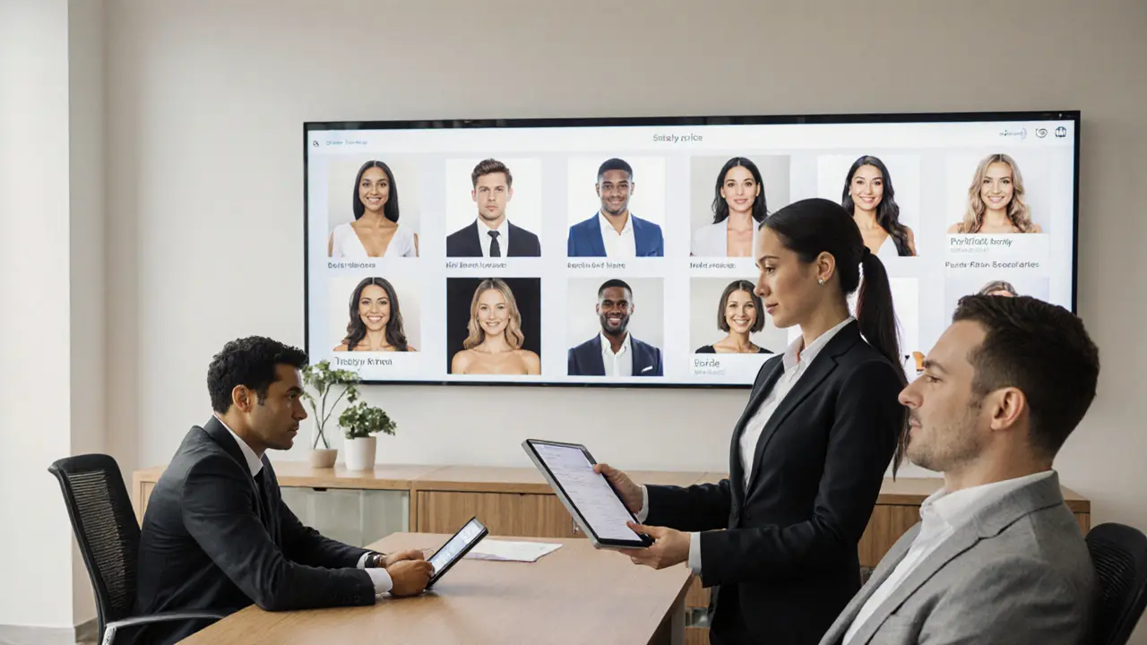 Clients reviewing verified escort profiles on tablets in a professional agency office.