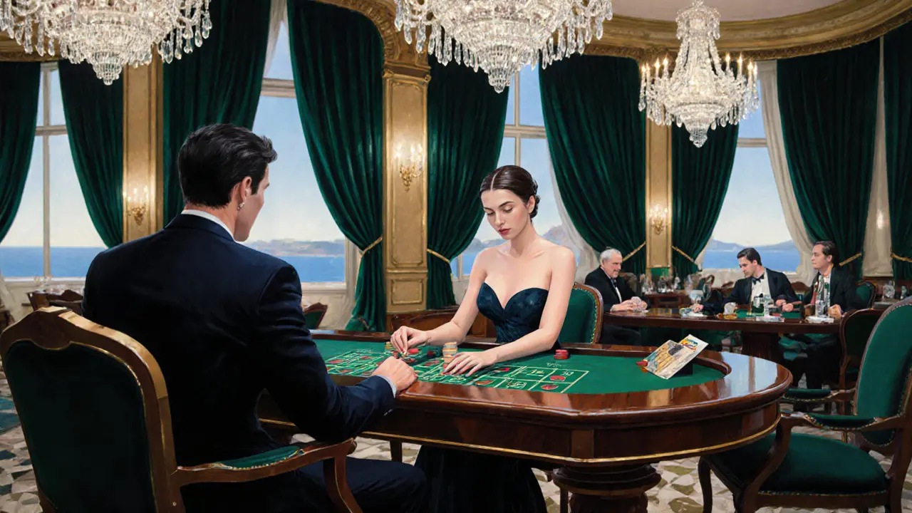 Companion and client arrange casino chips in a luxurious Monte Carlo VIP lounge.