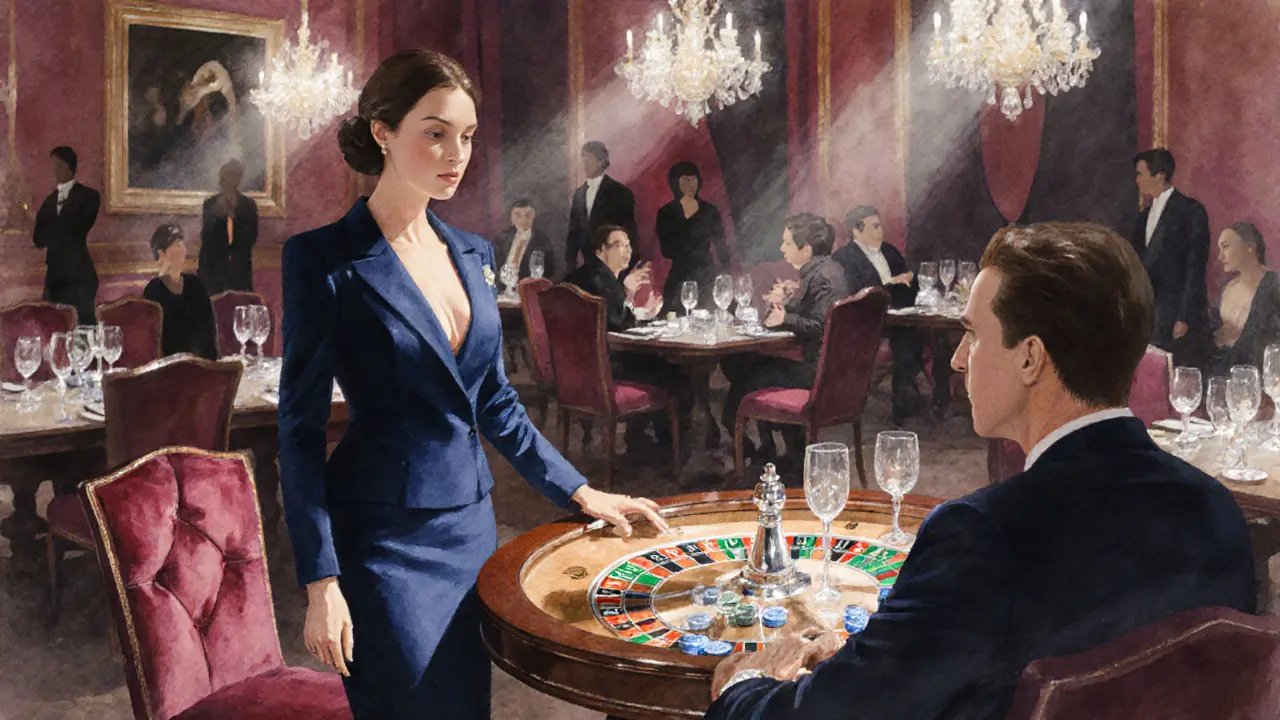 Companion in a blue dress guiding a client to a private table in an elegant Monte Carlo casino.