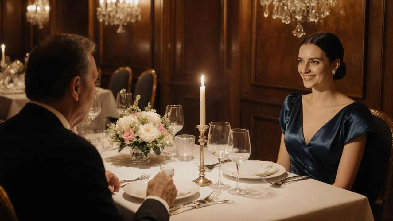Companion in a blue gown dining with a gentleman at Le Louis XV.