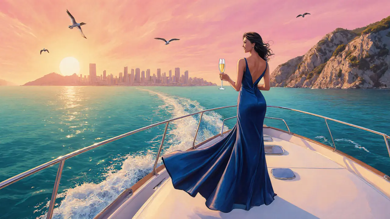 Companion in a silk gown on a yacht at sunset, holding champagne with the Monaco skyline behind.