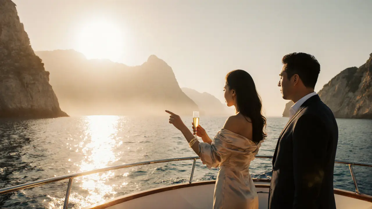 Companion in silk dress talks with client aboard a sunrise yacht near Monaco.