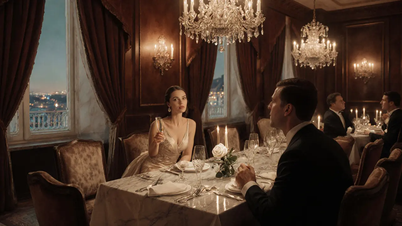 Couple sharing a candlelit dinner in an upscale Monaco restaurant.