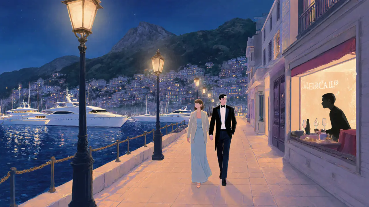 Couple strolling along Port Hercule at night, city lights reflected on the water, conveying a safe, memorable evening.