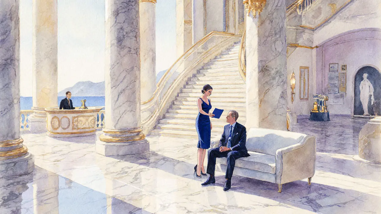 Discreet handover of a folder between escort and client in a hotel lobby.