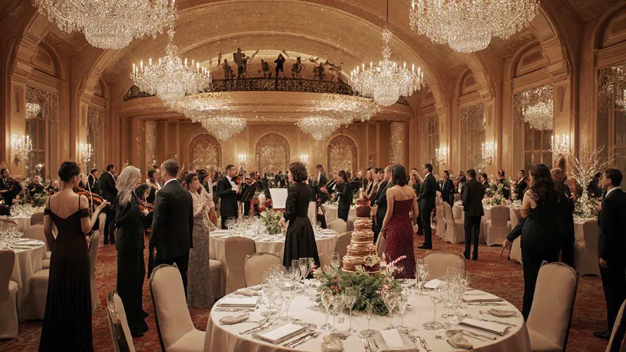 Elegant ballroom gala with guests, string quartet, and gourmet dishes.