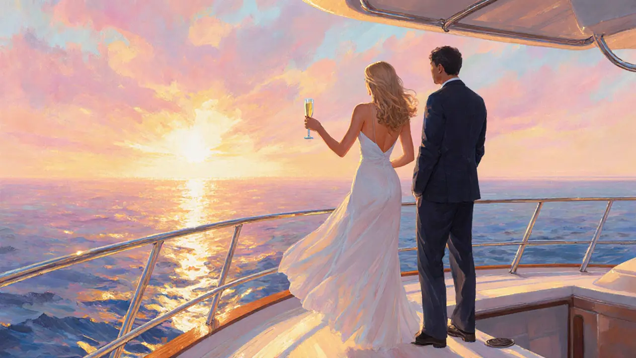 Escort and client enjoying champagne on a sunset yacht.
