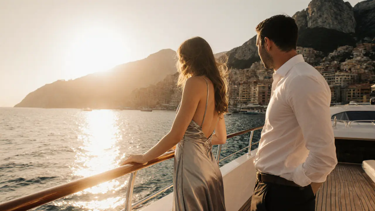 Escorts on a luxury yacht at sunset with the Monaco harbor in background.