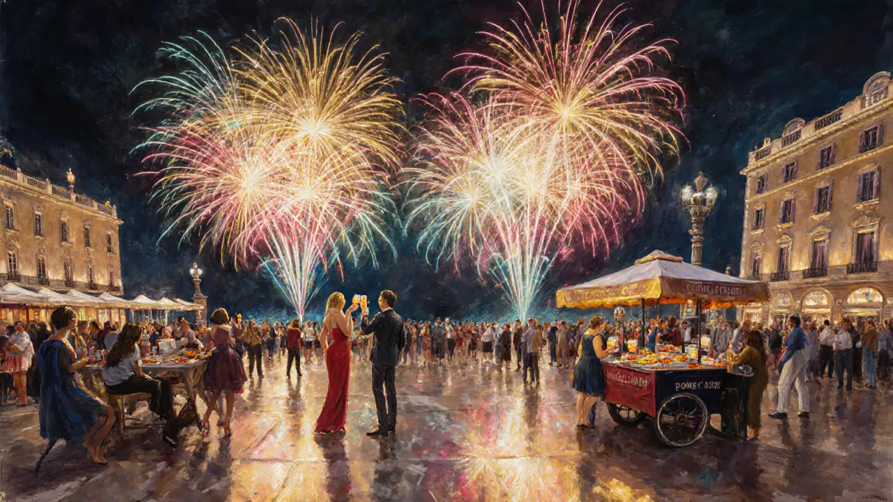 Fireworks over Casino Square with crowds on terraces watching colorful bursts.