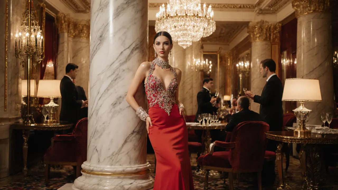 Glamour model in a red beaded dress inside Hotel de Paris lobby with chandelier lighting.
