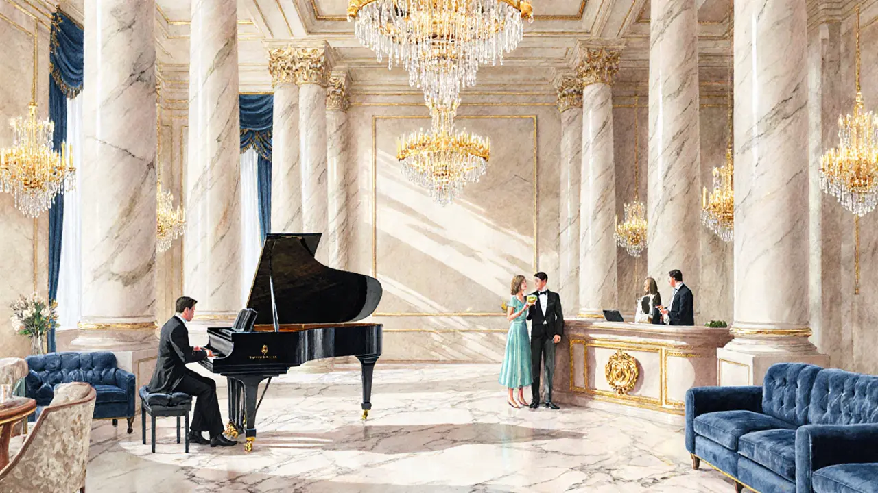 Grand marble lobby of Hotel de Paris with crystal chandeliers, pianist, and welcoming butler.