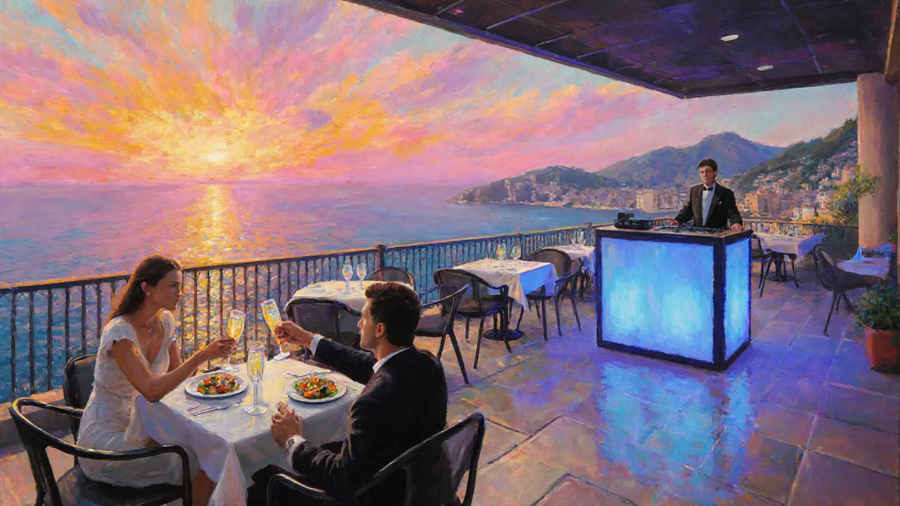 Le Grill rooftop at sunset, tables with champagne, couple toasting, Mediterranean view.