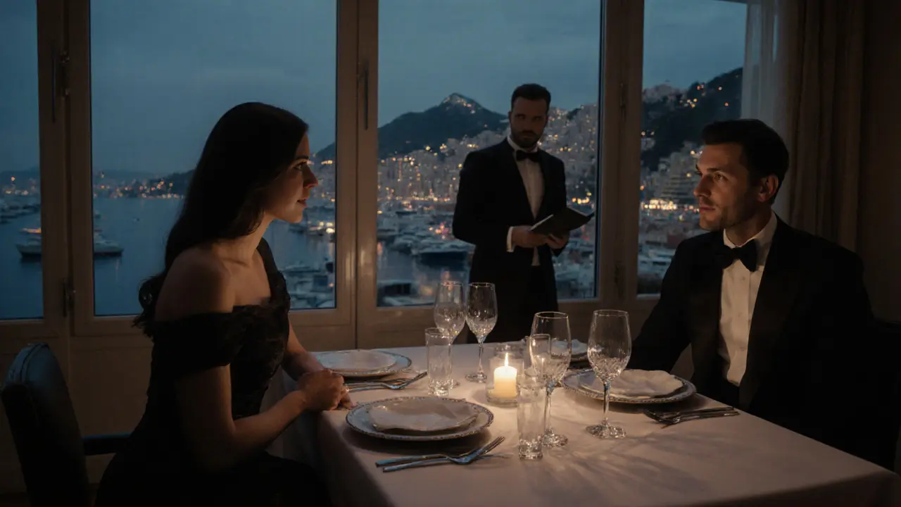 Luxurious restaurant scene with escort and client conversing over candlelit table, Monaco skyline visible.