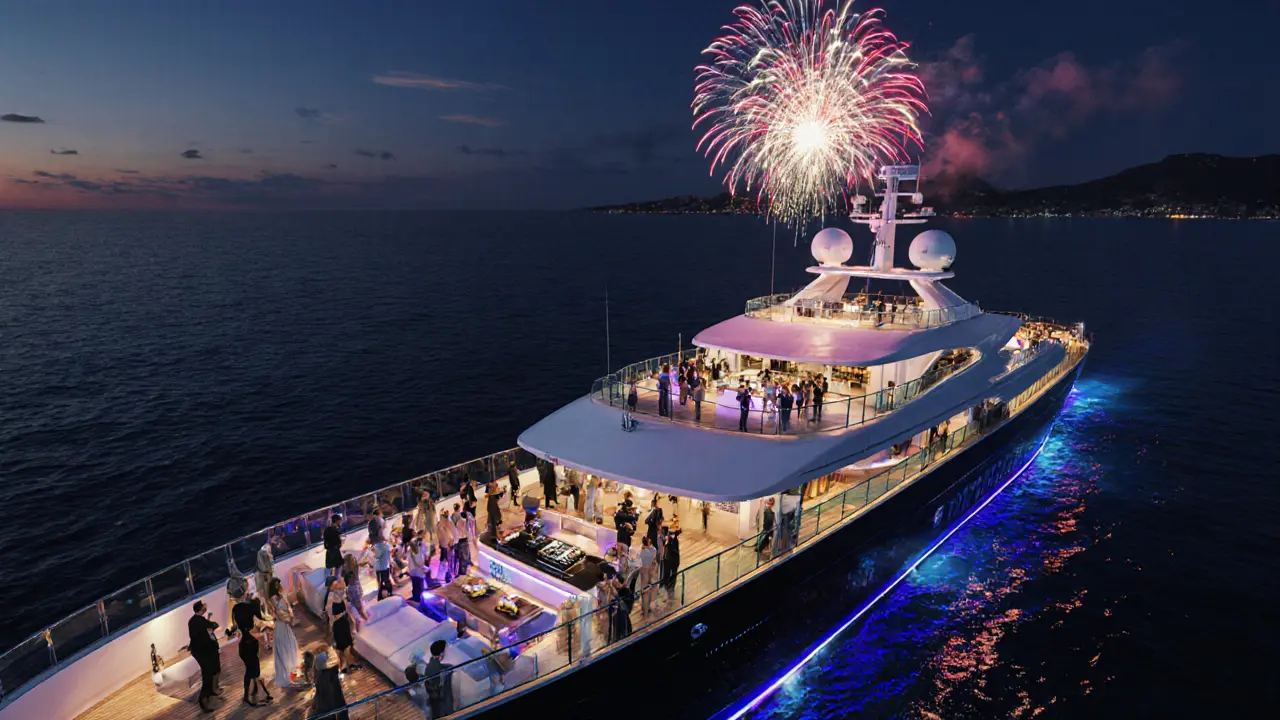Luxury super‑yacht deck party at night with DJ, fireworks over the harbor and guests enjoying gourmet canapés.