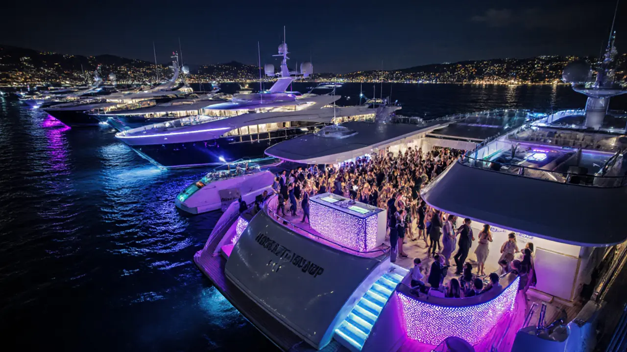 Luxury yacht party at Port Hercules with dancing guests, DJ, and illuminated decks.