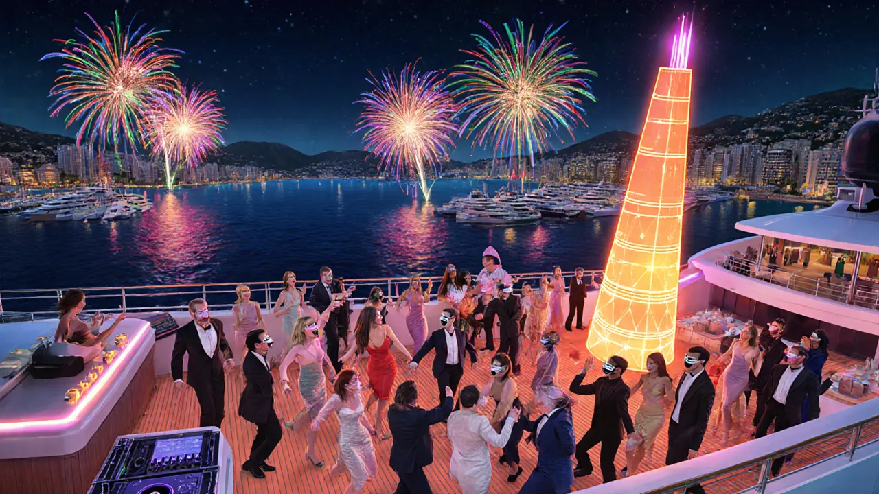 Midnight cruise deck with fireworks, dancing guests, and champagne tower.