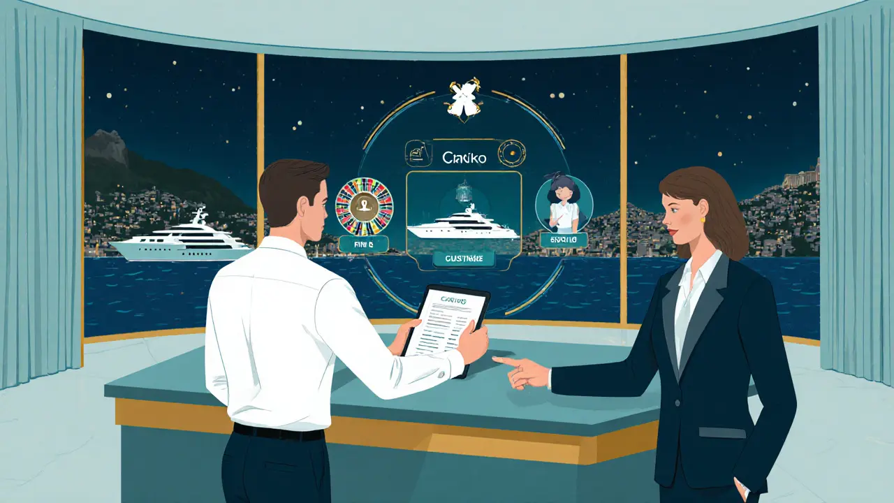 Modern concierge office where client books a Monte Carlo escort service using an encrypted tablet.