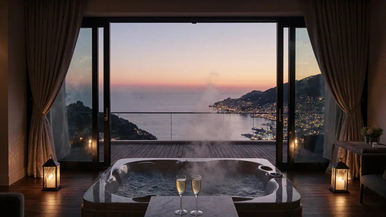 Presidential suite terrace at sunset overlooking the Mediterranean, featuring jacuzzi and champagne.