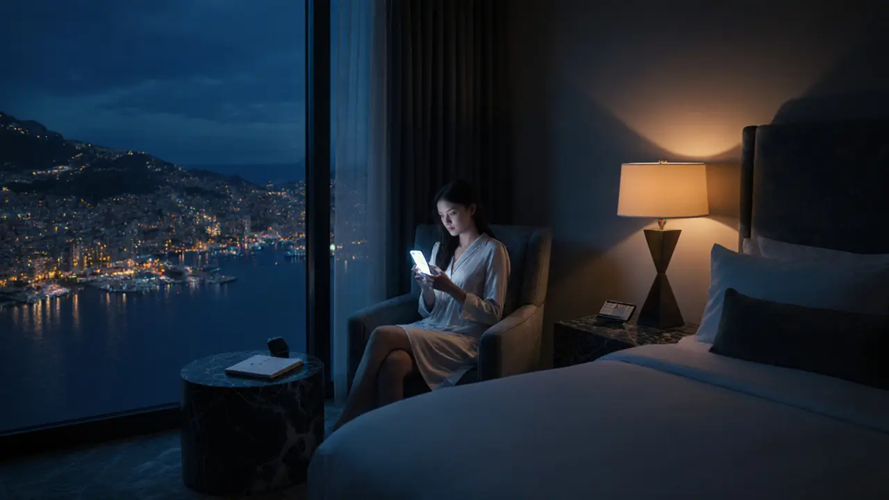 Private hotel suite night scene with discreet phone and safety checklist.