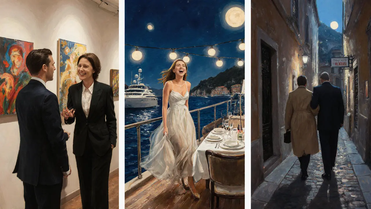 Three elegant women in Monaco’s elite settings: gallery, yacht, and cobblestone street, all in moonlit atmosphere.