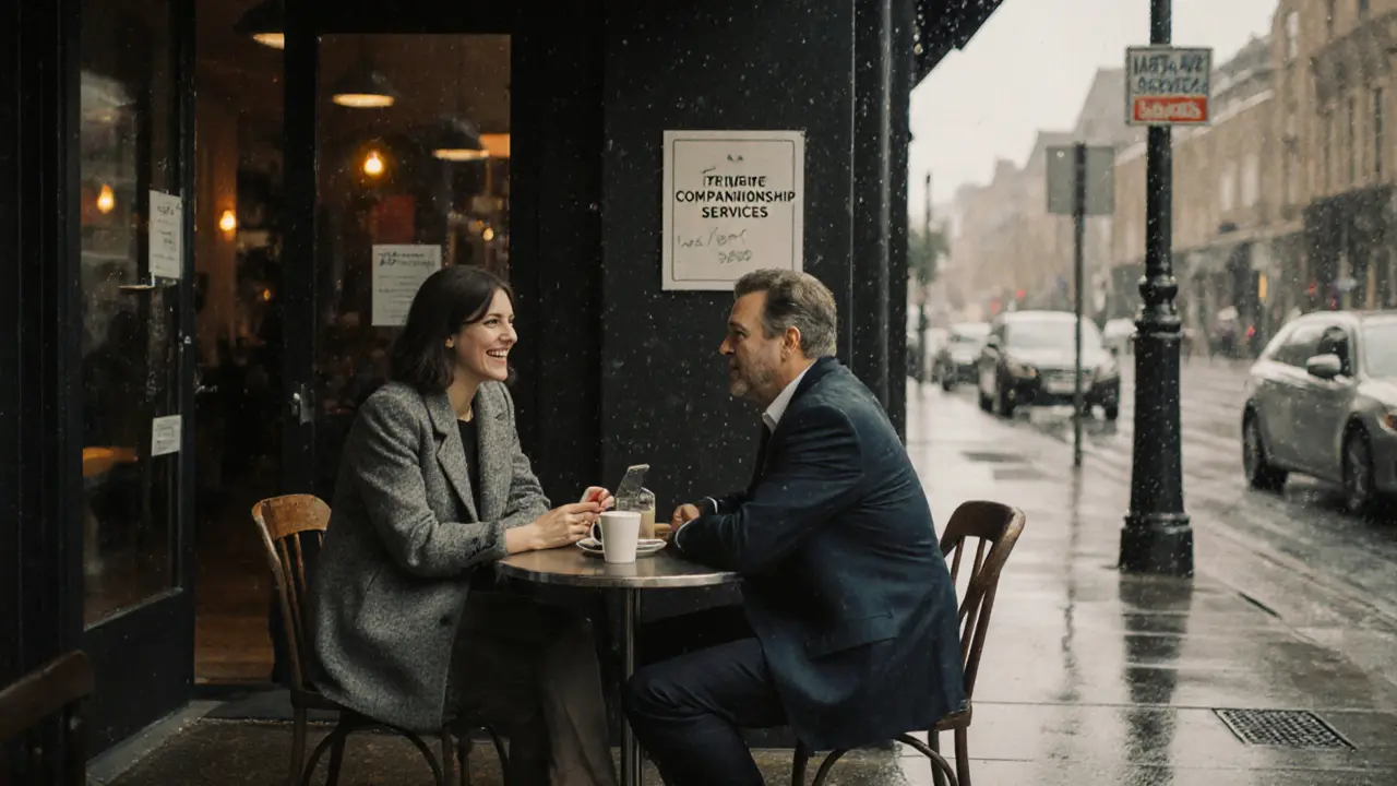 Two people enjoying coffee in a quiet café, engaged in warm, distraction-free conversation.