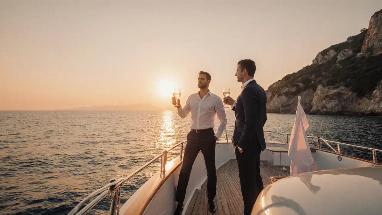 VIP escort and client aboard a private yacht cruising the Mediterranean at sunset.