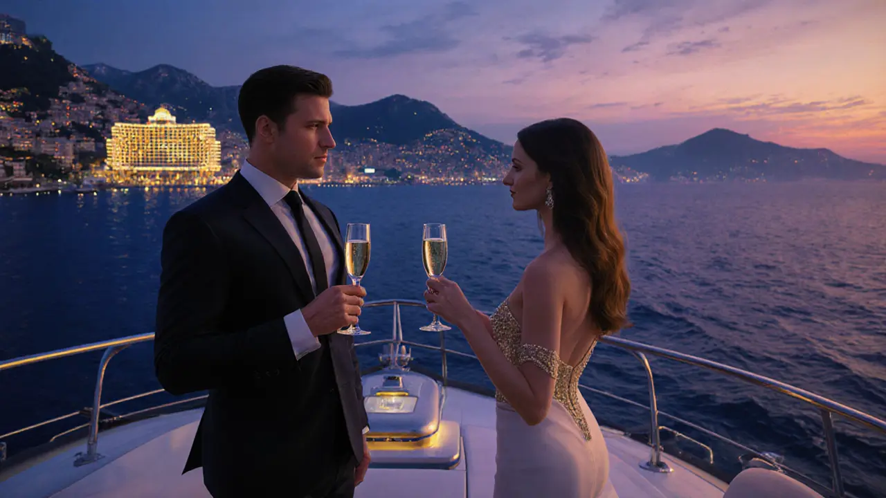 VIP escort and client enjoy champagne on a yacht at sunset with Monte Carlo lights.