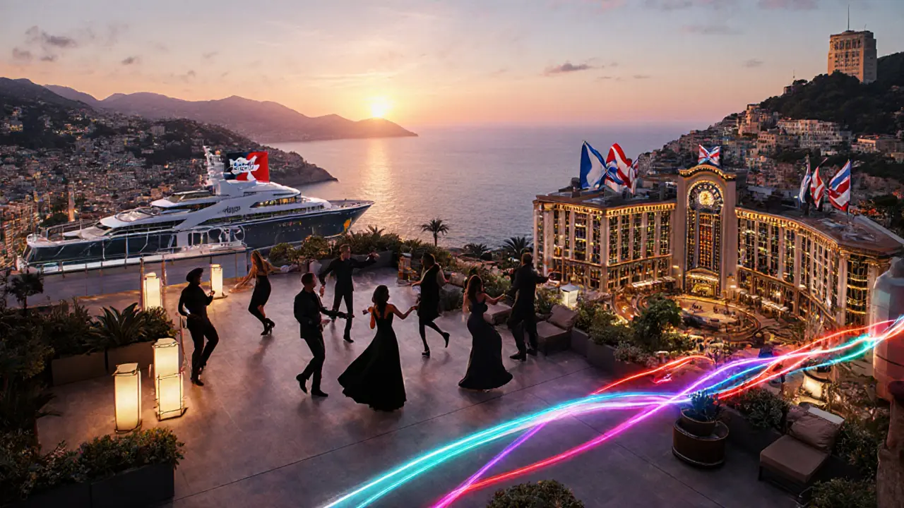 Vivid illustration of multiple F1 Dance venues—rooftop, yacht, casino—showing dancing crowds and sunrise over the sea.