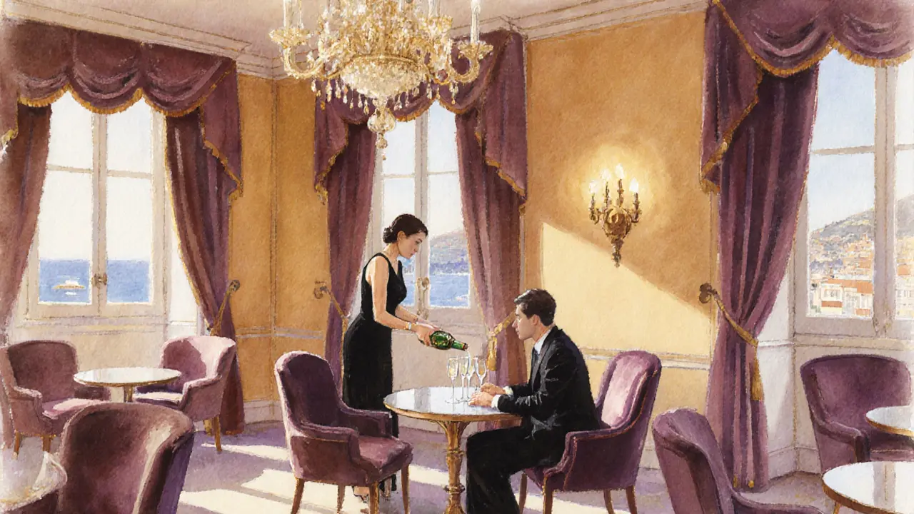 Watercolor lounge scene with a companion serving champagne in a hotel.