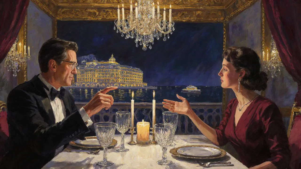 A couple dining candlelit at Le Louis XV restaurant, with the Monte Carlo Opera in the background.