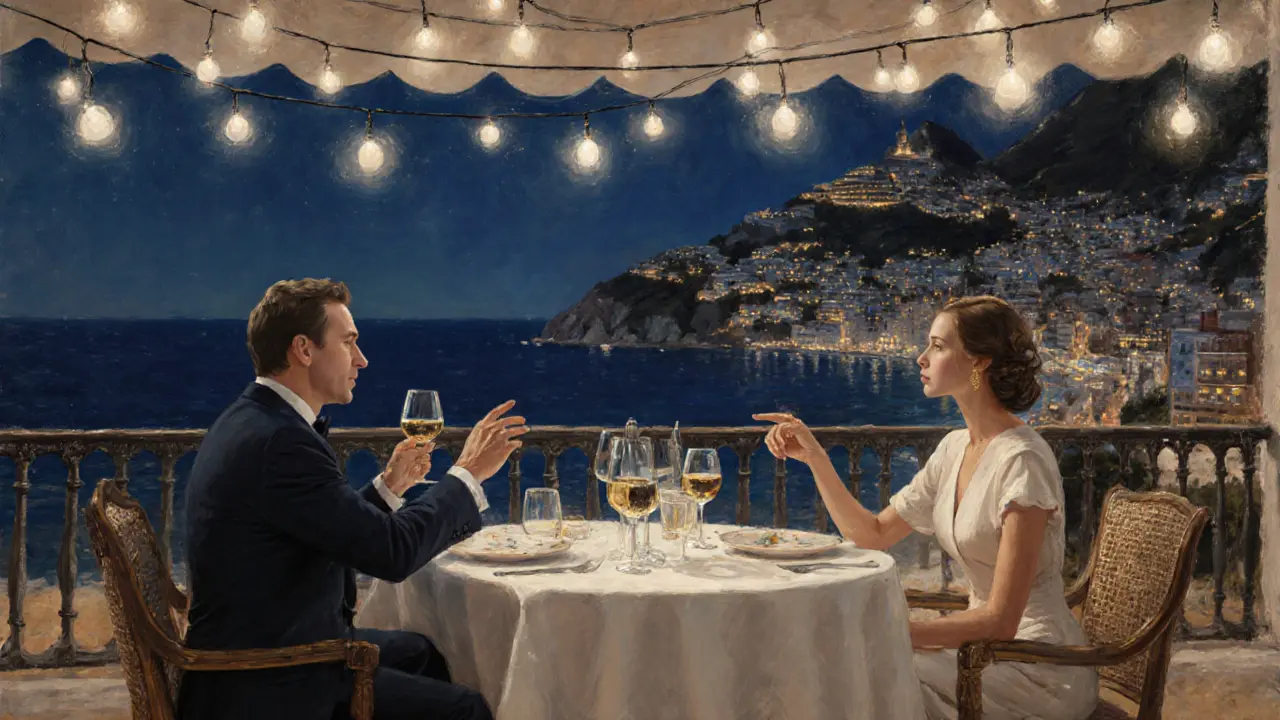 A couple shares quiet dinner on a Monte Carlo terrace under string lights, overlooking the sea.