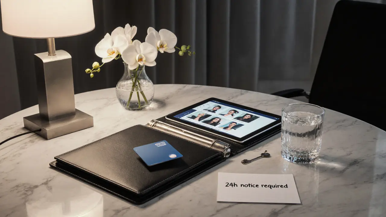 A discreet luxury companion agency office with a leather portfolio, encrypted tablet, and orchids on marble.