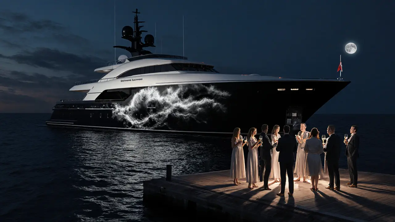 A film projected on a yacht’s hull, guests watching silently as images ripple on the water at dawn.