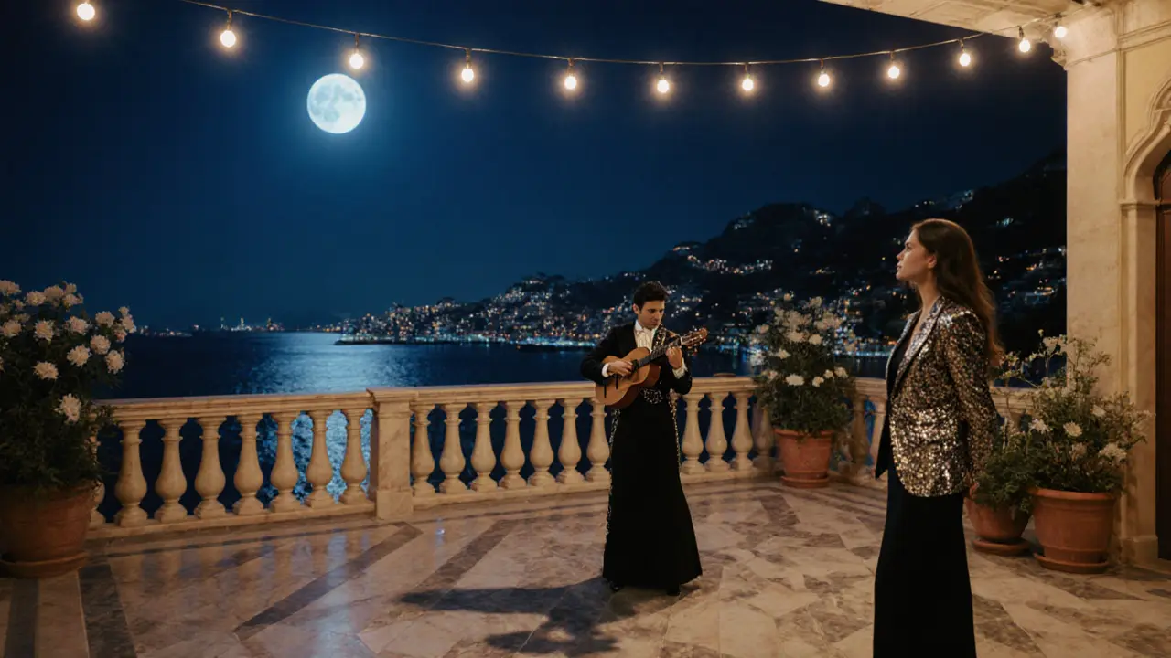 A flamenco guitarist plays on a moonlit terrace as a woman listens quietly, harbor lights glowing in the distance.