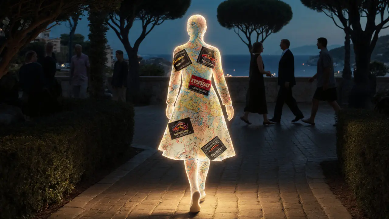 A glowing figure made of cultural symbols walking through a moonlit Monaco garden, representing deep companionship and hidden expertise.