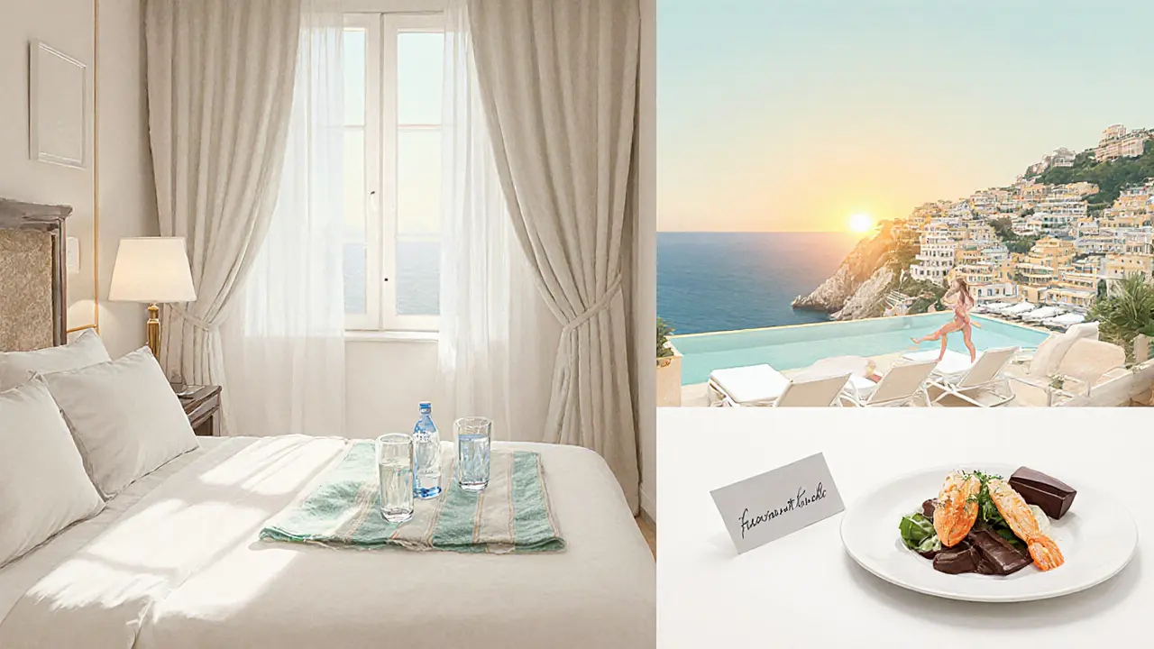 A guest&#039;s perfect day at Fairmont Monte Carlo: bedroom, private beach, cliffside dining, and chocolate on the pillow.