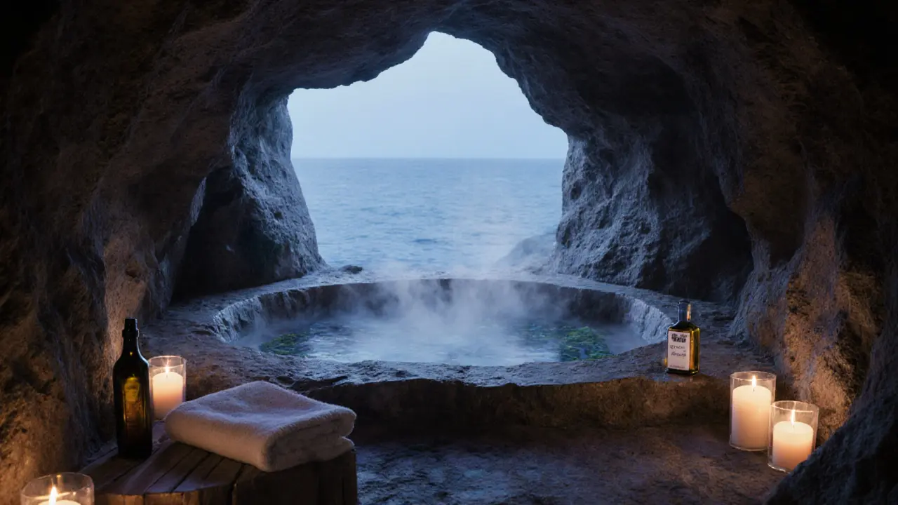 A hidden spa grotto with candlelight, stone baths, and Mediterranean seaweed treatments in serene, natural tones.