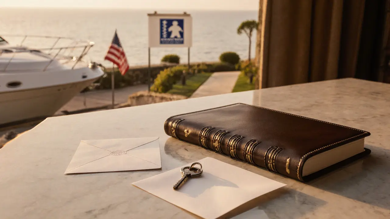 A leather journal, key, and envelope rest on marble, symbolizing private, personalized companionship in Monaco.