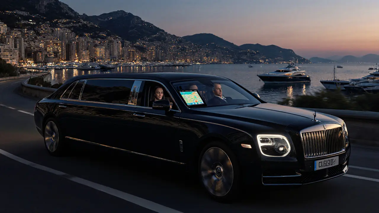A limousine cruising Monaco&#039;s coastal road at dusk with a client and escort inside.