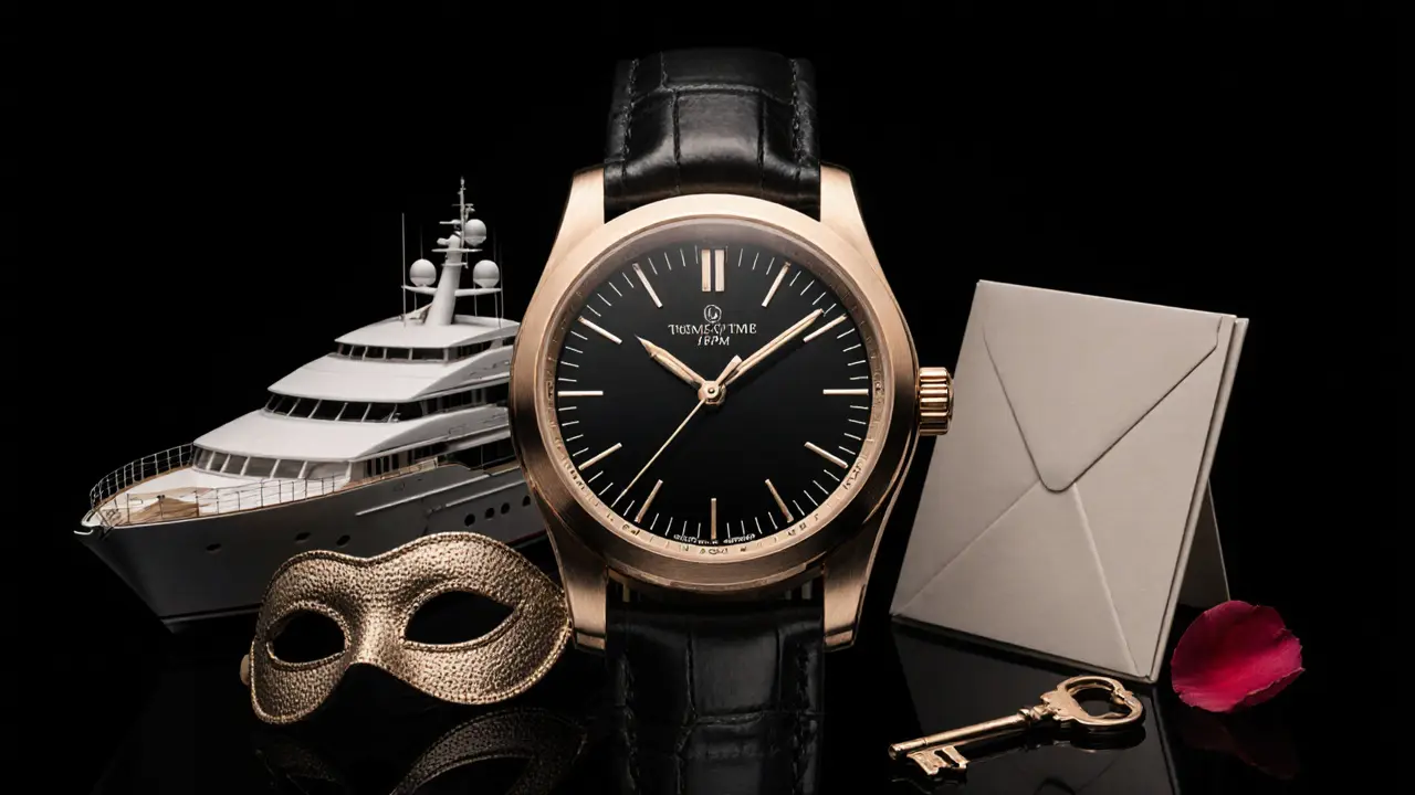 A luxury watch face surrounded by symbols of elite companionship: yacht, opera mask, rose petal, and key.