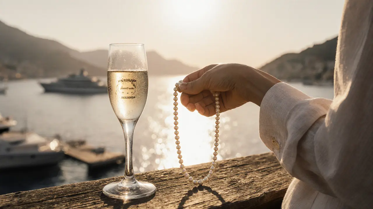 A pearl necklace and champagne glass on a wooden deck, dawn light breaking over Monaco’s harbor.