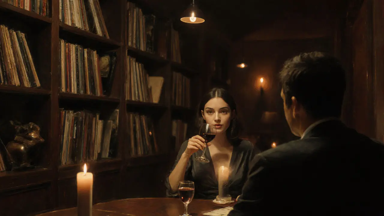A poised woman engages in quiet conversation with a man in a dimly lit jazz lounge, candlelight glowing.