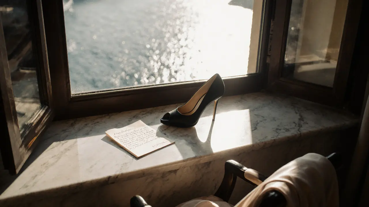 A single high-heeled shoe and folded note on a marble windowsill overlooking Monaco&#039;s coastline, with soft candlelight and ocean shimmer.